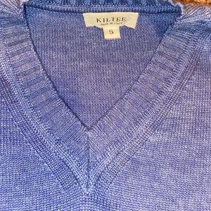 A blue vneck sweater